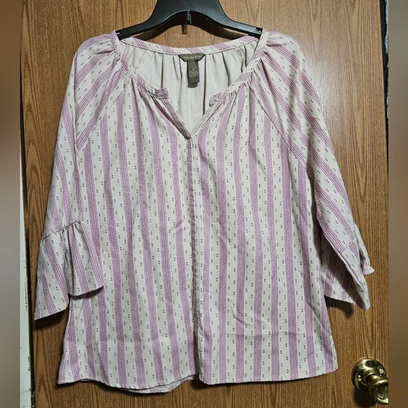 Bit & Bridle Top Beige Purple Babydoll Country Farmhouse Boho Flare Sleeve - Picture 1 of 6